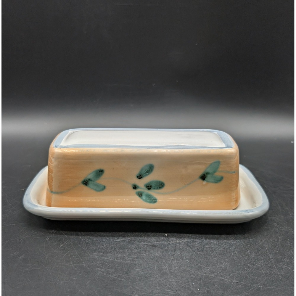 Caleca Italy Hand Painted Ceramic Butter Dish with Lid Peach Teal Vine Design